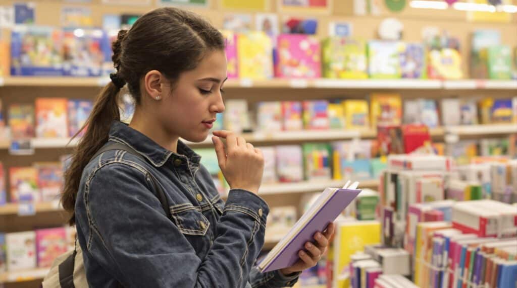 Young woman reading in a bookstore