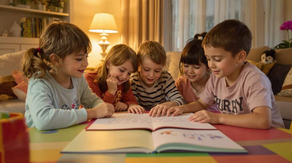 Five children reading a book together.