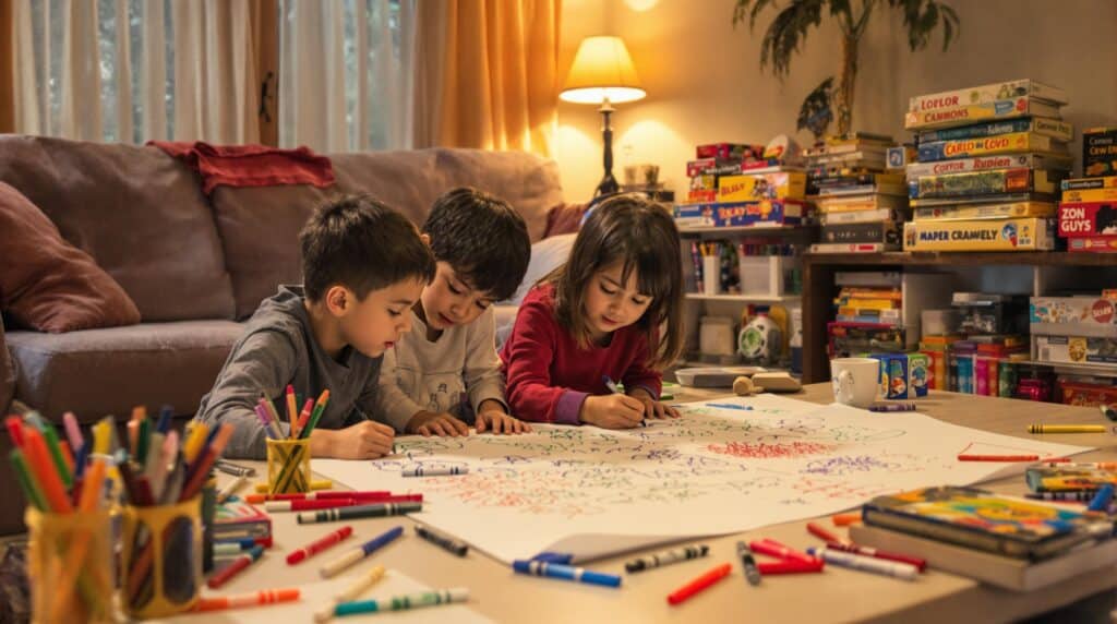 Three children drawing on a large sheet of paper.