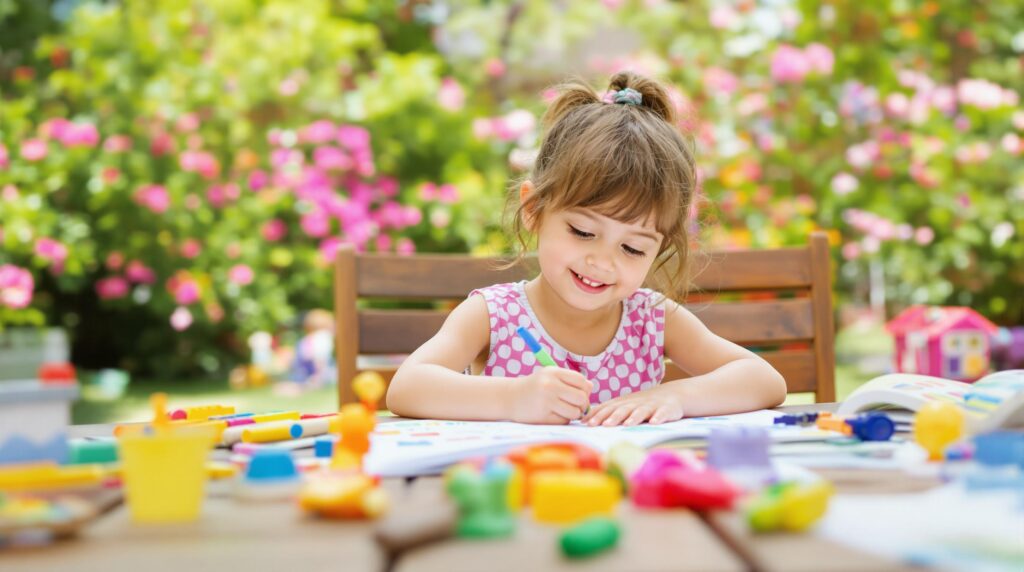 Petite fille dessinant dehors