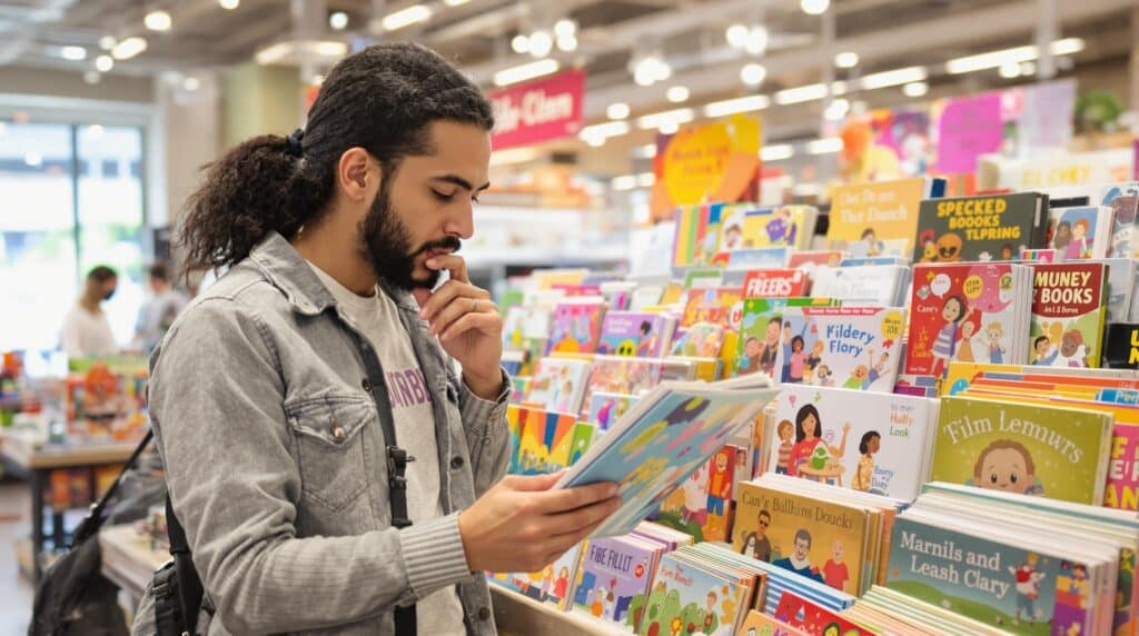 Man browsing children's books in a bookstore.