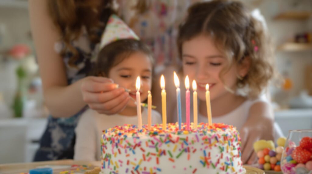 Children celebrating birthday with cake and candles