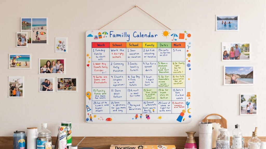 Family calendar whiteboard with handwritten tasks and events, surrounded by family photos.