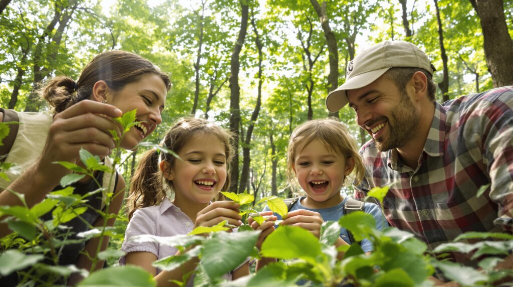 Family exploring plants in forest